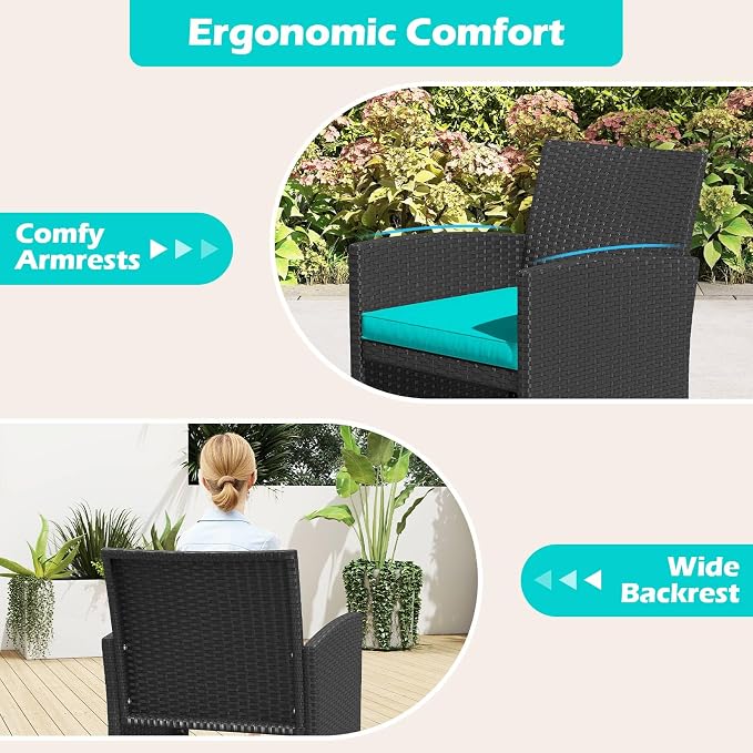 RELAX4LIFE 8-Piece Patio Furniture Set - Wicker Rattan Outdoor Sectional Sofa Set w/Glass Coffee Table, Loveseat, Chairs & Soft Cushions, Bistro Conversation for Garden Porch (2, Black-Turquoise)
