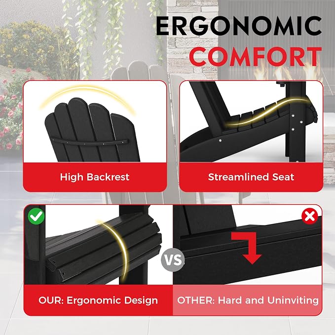 Costaelm Lakeview 2-Piece Outdoor Patio HDPE Adirondack Chair with Ottoman and Cup Holder Set, Black