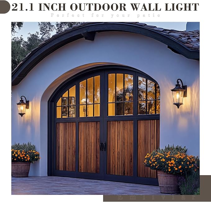 Emliviar Dusk to Dawn Outdoor Porch Light, 21.1" Exterior Wall Mount Lamp for Doorway, Patio Wall Lantern with Water Ripple Glass, Oil Rubbed Bronze Finish, XE292B-M-PC ORB SW