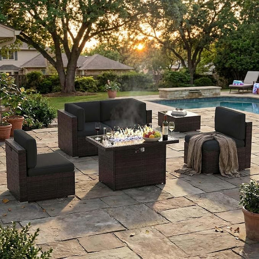6 Pieces Patio Furniture Set with 44" Propane Gas Fire Pit Table, Outdoor Sectional Brown Rattan Wicker Conversation Sofa Sets with Coffee Table