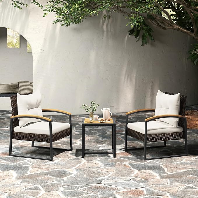 Tangkula 3 Piece Patio Conversation Set, Includes 2 Rattan Chairs and Coffee Table, Solid Acacia Wood Armrests & Tabletop, Outdoor Cushioned Wicker Furniture Set for Backyard, Poolside, Lawn, Garden