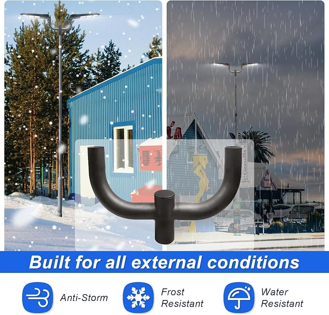 90 Degree Quad Bullhorn Tenon Adapte with 2 Arms for Round Pole,Slip Fitter Round Bullhorn Bracket for 2 Lighting Fixture,Slip Fit Mount Pole Area Parking Lot Light Mounting