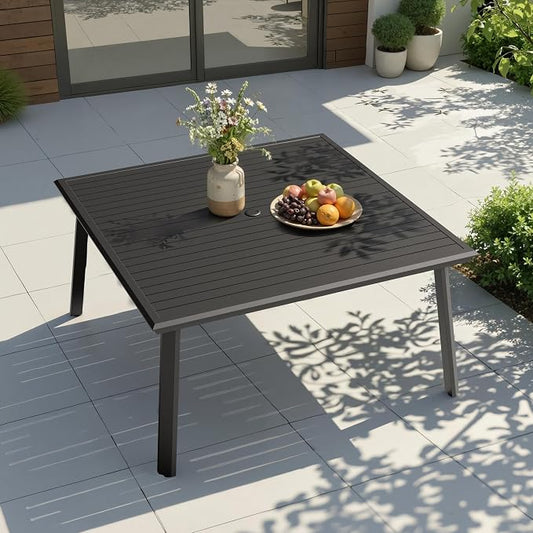 Pellebant Aluminum Outdoor Patio Dining Table for 8, Weather-Resistant Sturdy Frame and 57" Square Top with Umbrella Hole for Deck, Porch, Backyard