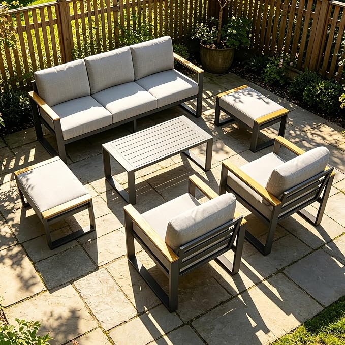 IDEALHOUSE Aluminum Outdoor Patio Furniture - 1 Pcs 3-Seat Sofa and Coffee Table, All-Weather Metal Modern Outside Furniture with Washable Thick Cushion for Balcony, Garden, Deck, Backyard,Gray