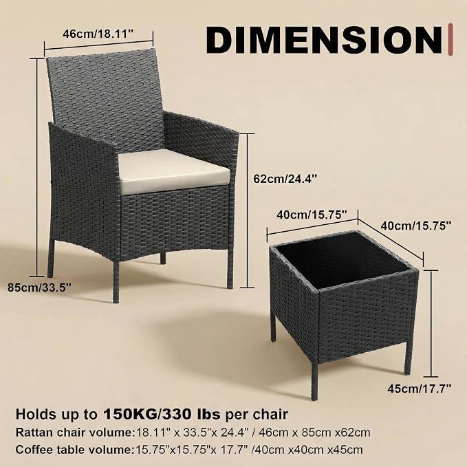 GarveeHome 3-Piece Patio Bistro Set, PE Rattan Outdoor Conversation Furniture with 2 Cushioned Chairs & Coffee Table, Weather-Resistant for Backyard, Balcony, Porch (Beige Cushion)