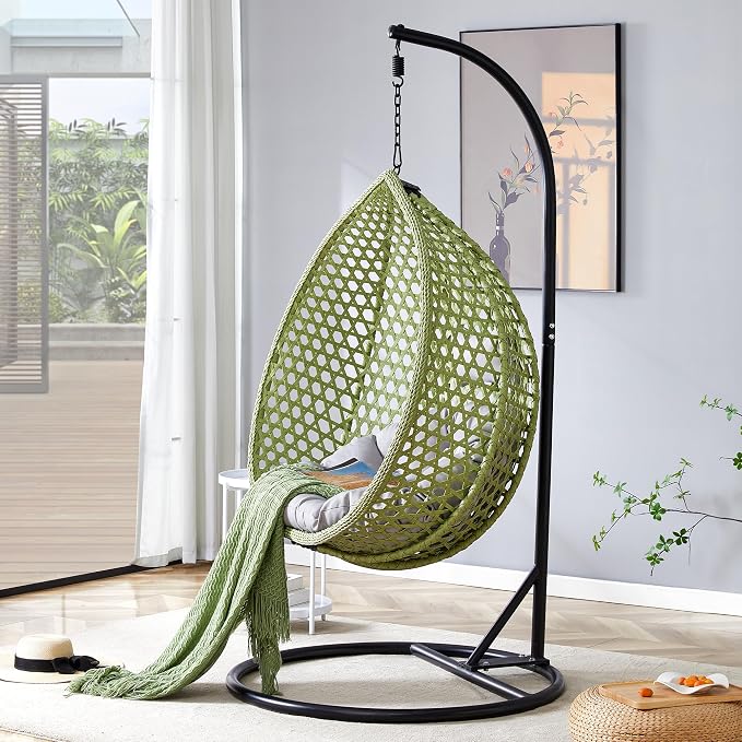 Hanging Egg Swing Chair with Stand, Rattan Wicker Hanging Egg Chair Hammock Indoor with Cushions, Swinging Chair for Bedroom Outdoor Patio Balcony Backyard Sunroom Heavy Duty 350LBS, Green