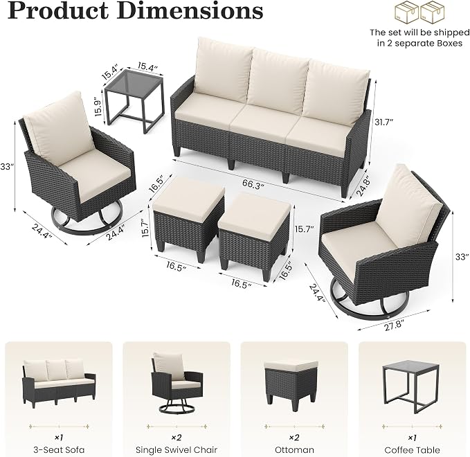 Amopatio Outdoor Patio Furniture Set, 6 Pieces Conversation Sofa with 360° Swivel Chairs, All Weather Wicker Outdoor Furniture for Backyard Garden Pool Deck,Beige