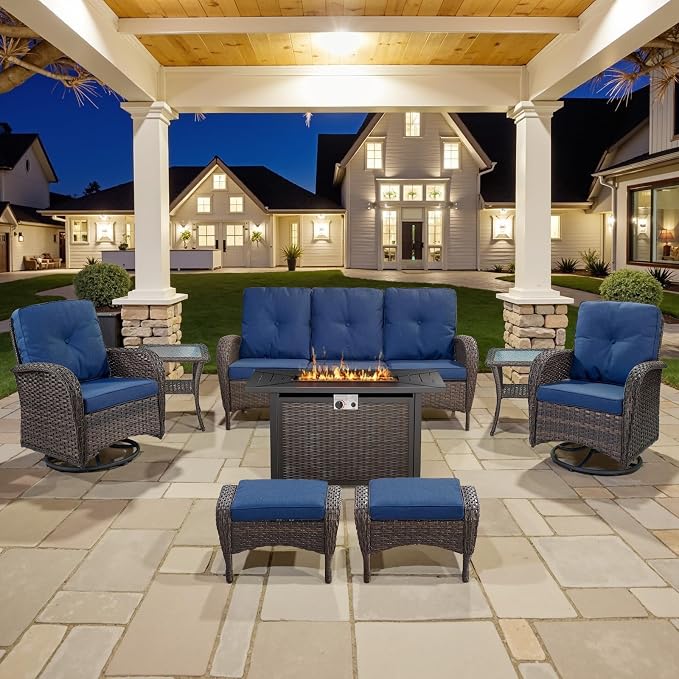 Belord 8 Piece Patio Furniture Set with 50000 BTU Propane Fire Pit Table, Outdoor Conversation Set with 2 Swivel Rocker Chairs Wicker Sofa and Ottomans for Casual Gatherings
