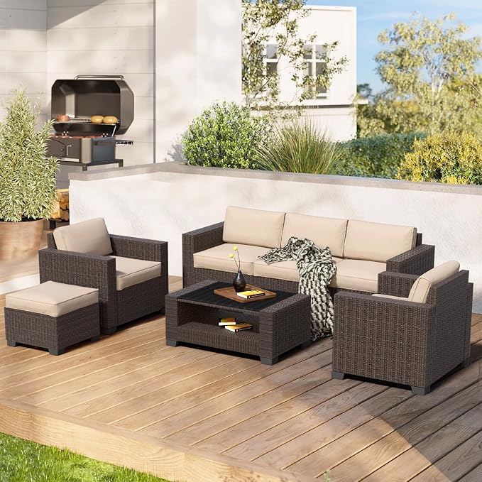 YLGJ&TIDY 7 PCS Outdoor Patio Wicker Furniture Set Sofa with Coffee Table | All Weather Rattan Woven Patio Conversation Set with Khaki Thicken Cushion and Tempered Glass Table for Garden Backyard