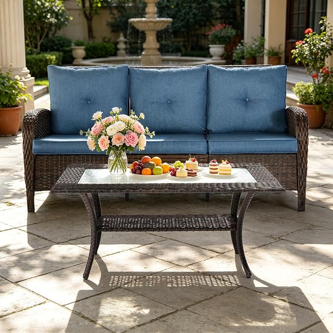 SHGJ&SOFT All Weather Patio Furniture Set, High Back Swivel Rocker Glider Chairs，Ottomans & Glass Tables, Outdoor Conversation Set for Deck Porch Yard Poolside (Blue, 2PCS-Sofa&Table)
