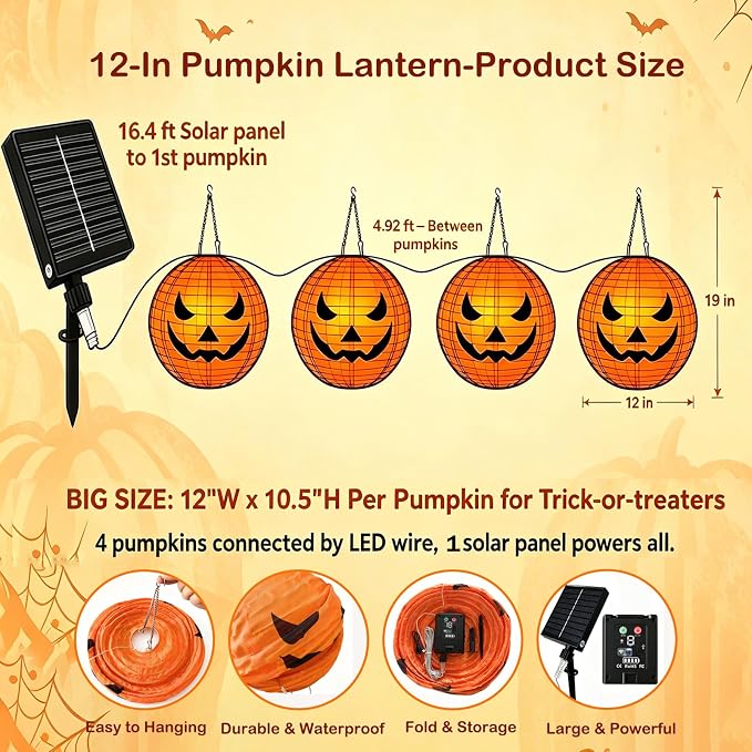 HUGSVIK 4Pcs Solar Pumpkin Lights Outdoor Hanging Halloween Decorations | 12-Inch Jack O Lantern, 160 LEDs & 8 Modes, Waterproof Outdoor Halloween Lights for Yard Porch Trick-or-Treat Party
