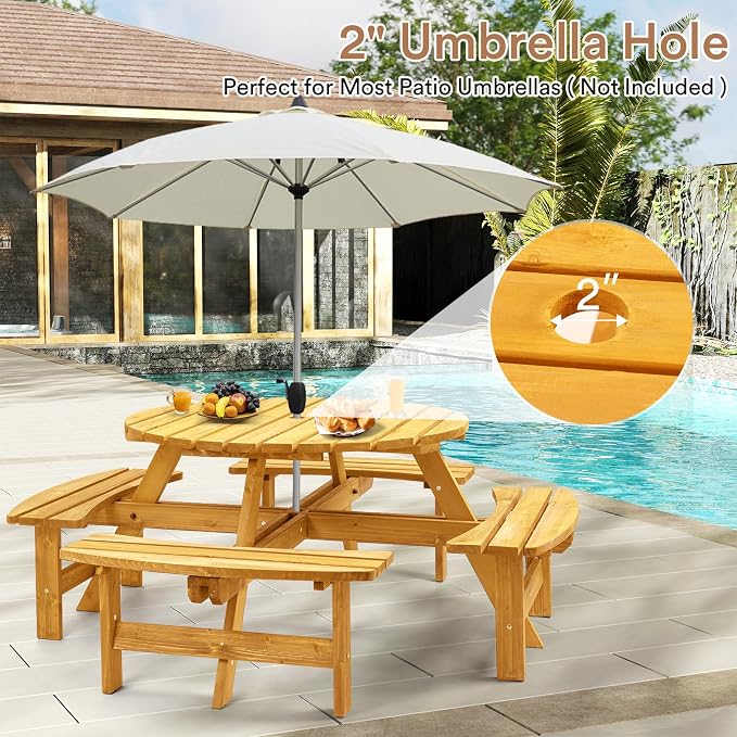 Zevemomo 8 Person Wood Picnic Table, Round Tabletop with Umbrella Hole, 4 Built-in Curved Benches, 2220LBS Total Capacity for Patios, Backyard, Light Wood Color
