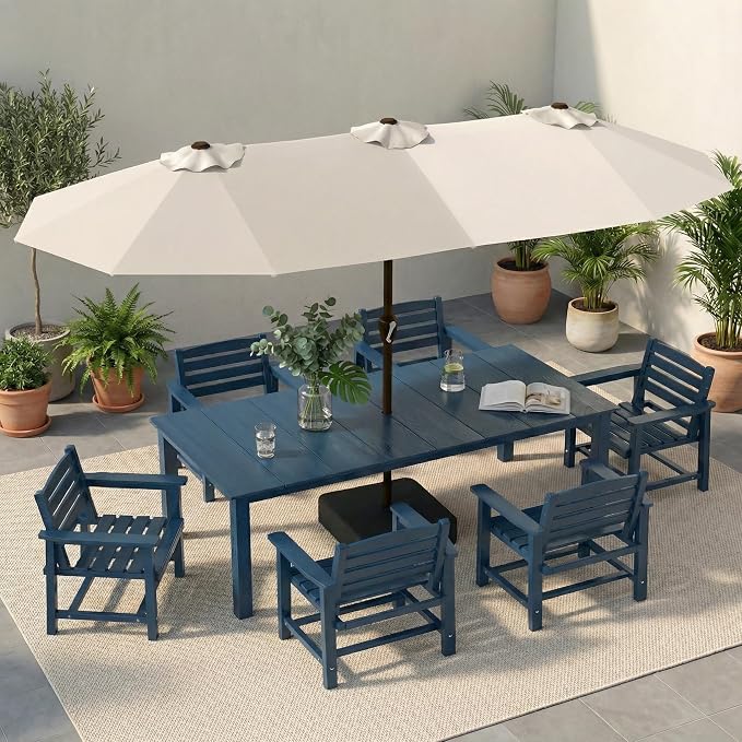 7-Piece Outdoor Dining Set with 15FT Umbrella for 6,Navy Blue | HDPE table, chairs included, aluminum frame, weather-resistant furniture, perfect for yard, lawn, garden, deck