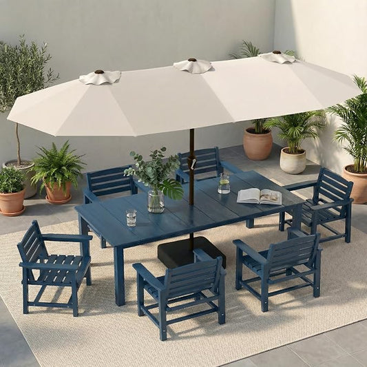 7-Piece Outdoor Dining Set with 15FT Umbrella for 6,Navy Blue | HDPE table, chairs included, aluminum frame, weather-resistant furniture, perfect for yard, lawn, garden, deck