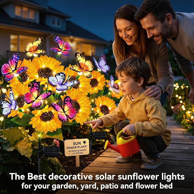 6 Pack Solar Sunflower Lights with Butterflies, Garden Light Outdoor Decor | Sunflowers Decor, Lifelike Solar Flower Lights Waterproof for Garden, Flower Beds, Yards, Patios, Gift for Women Mom Grandma