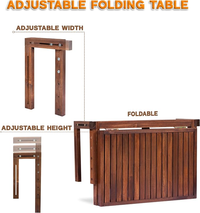 VICTORY RELAX Hanging Balcony Table - Foldable Acacia Wood Patio Table - Small Outdoor Workspace & Dining Table for Balcony Furniture - Temporary Workspace - Brown Color (27.2 x 23.6 x 17.5 Inches)