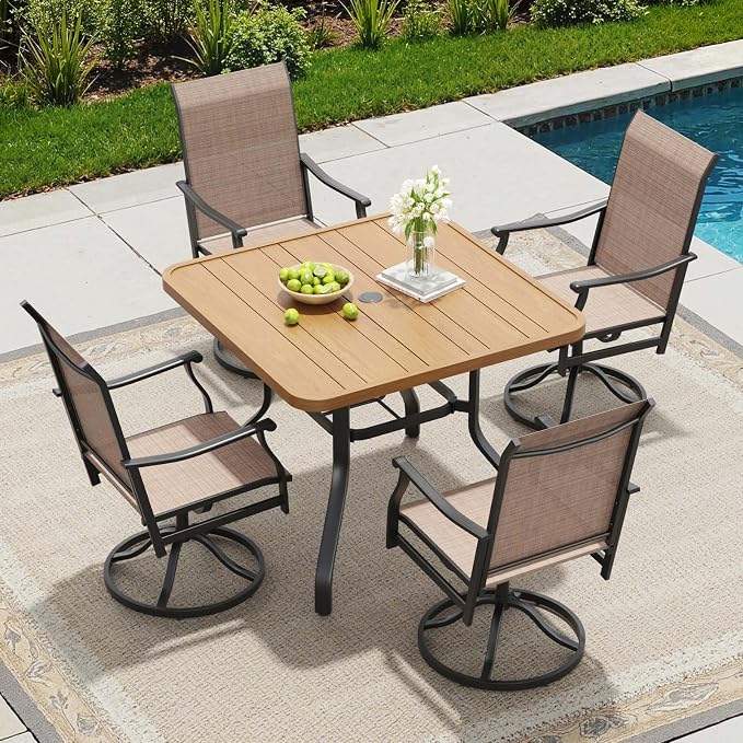 HRVEOCEI 35" Outdoor Square Table with Umbrella Hole, Metal Patio Dining Tables for Lawn Garden, Wood-Like Grain Bistro Table Outdoor for Backyard,Poolside,Deck,Por (Natural, Square)