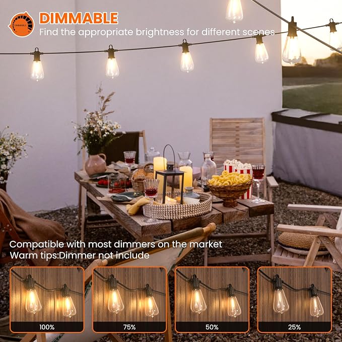 Kawaya 200FT LED Outdoor String Lights, Dimmable Waterproof Shatterproof Vintage Patio Lights with 100+4 Bulbs, Commercial Grade for Backyard, Garden, Bistro, Cafe & Party