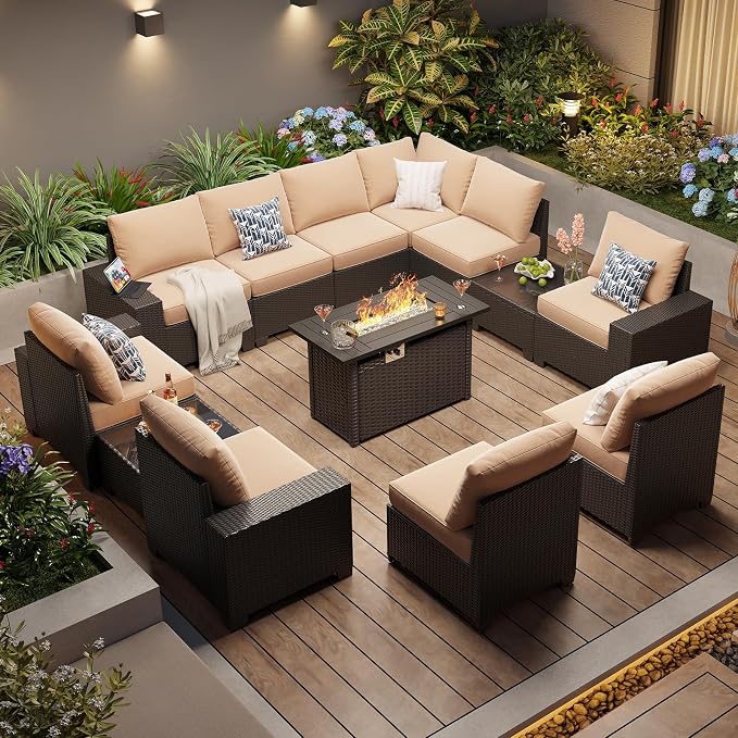 Aoxun Patio Furniture Sets with 44'' Fire Pit, 13 Pcs Outdoor Patio Coversation Set with 4in Thicken Cushion, Widen Armrests Wicker Outdoor Sectional for Backyard, Beige