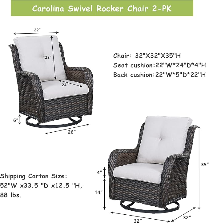 Outdoor Patio Swivel Rocker Chairs - Wicker Rattan Patio Swivel Rocking Chairs Set of 2 with High Back,Deep Seating and Comfort Cushions for Deck Porch Garden,Brown/Beige