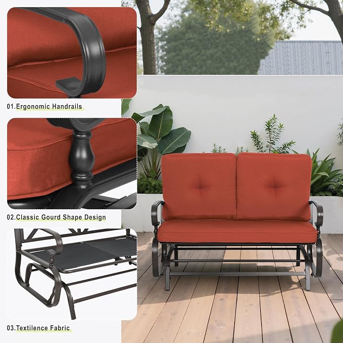 Incbruce 5 Pcs(6 Seats) Outdoor Metal Furniture Sets Wrought Iron Patio Conversation Sets, (Glider, 2 Single Chairs, Loveseat, and Coffee Table) with Cushion (Red)