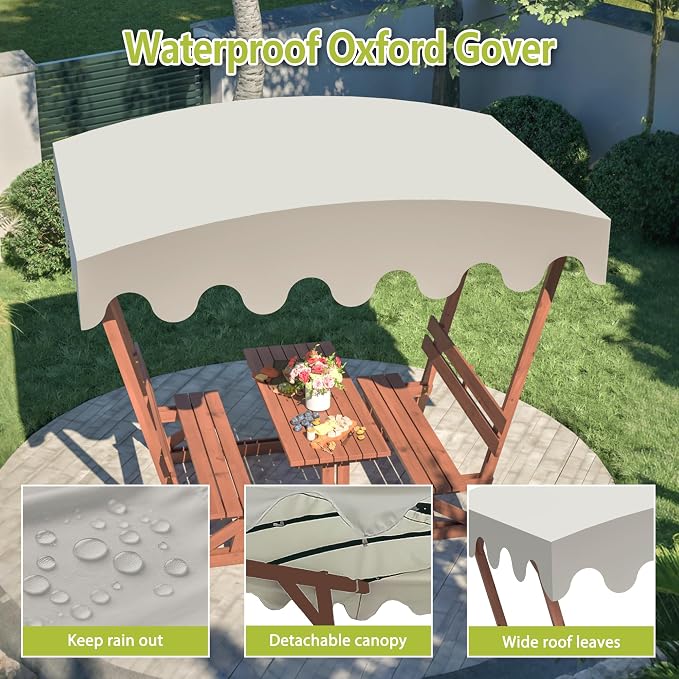 Hohuqeri Wood Outdoor Picnic Table Set, Wooden Outside Dining Table Set with Built-in Benches for 4-6 People, Patio Table and Bench Set with Detachable Sunshade Canopy for Backyard Garden Porch Deck