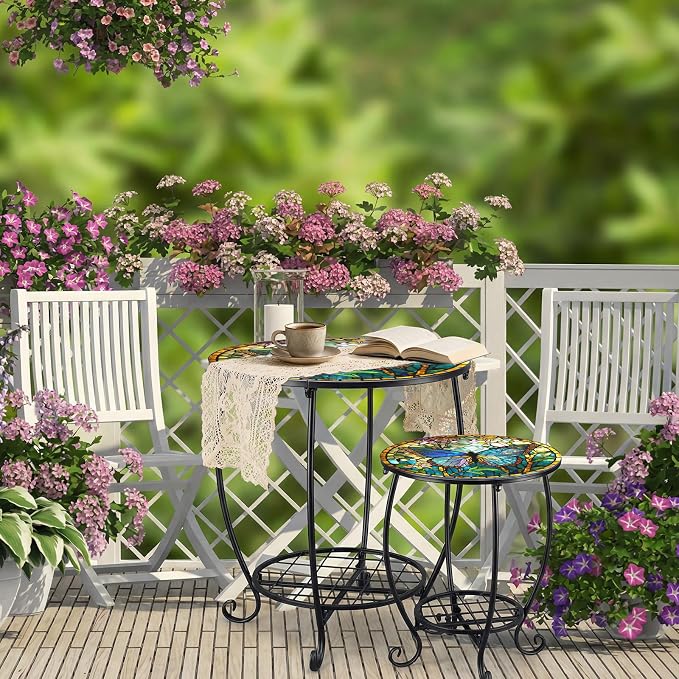 Cinnvoice 2 Pcs Outdoor Side Table Small Patio Round Mosaic Accent End Table Indoor Plant Metal Coffee Tea Tables for Patio Yard Porch Garden Living Room(12" and 18",Butterfly Style)