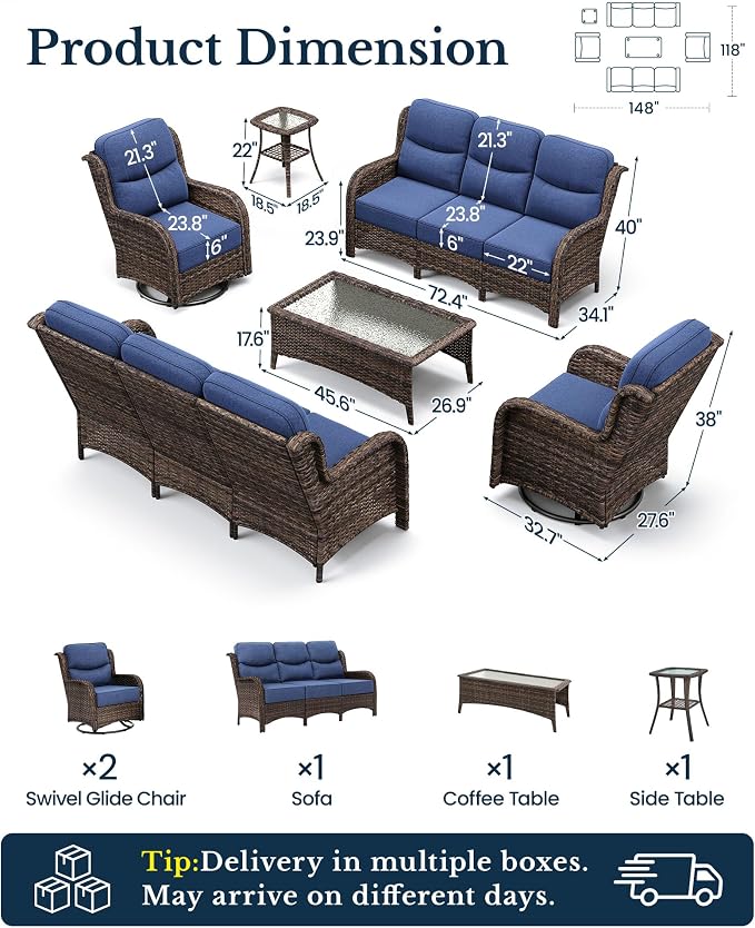 HILLGA Luxury Outdoor Patio Furniture Set with 6-Inch Thick Cushions, High Back Wicker Swivel Rocker Chairs, 6Pcs All Weather Sofa Set for Large Deck, Yard and Poolside, Blue (V3)