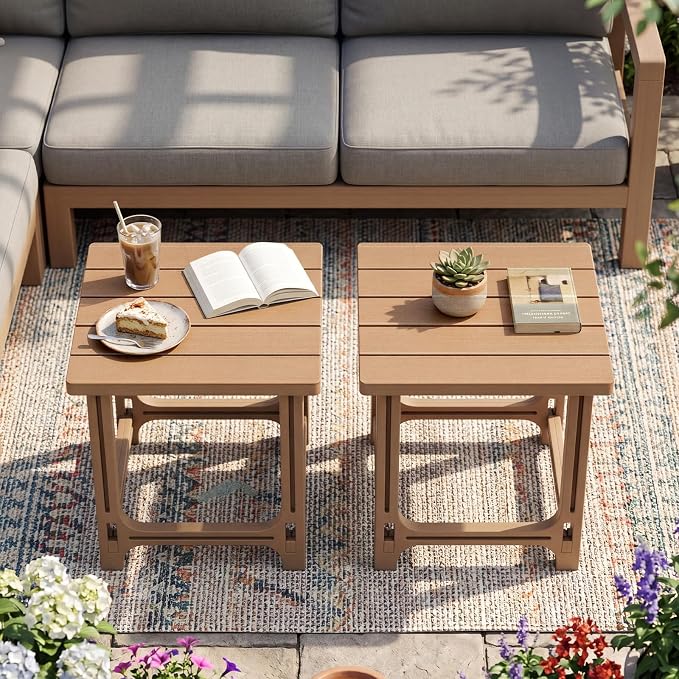 Tangkula Outdoor Adirondack Side Table, 18" Heavy Duty HDPE Patio End Table with Slatted Surface, 0-Screw Assembly, Easy Maintenance, Small Outdoor Side Table for Porch, Pool, Garden, Deck (2, Brown)