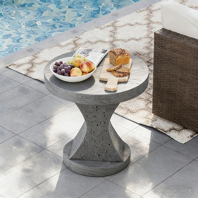HOMPUS Outdoor Side Table, Concrete Dinning Table Hourglass Shpaed, Round Multi-Functional End Table, Cement Coffee Table for Patio, Garden, Backyard, Grey
