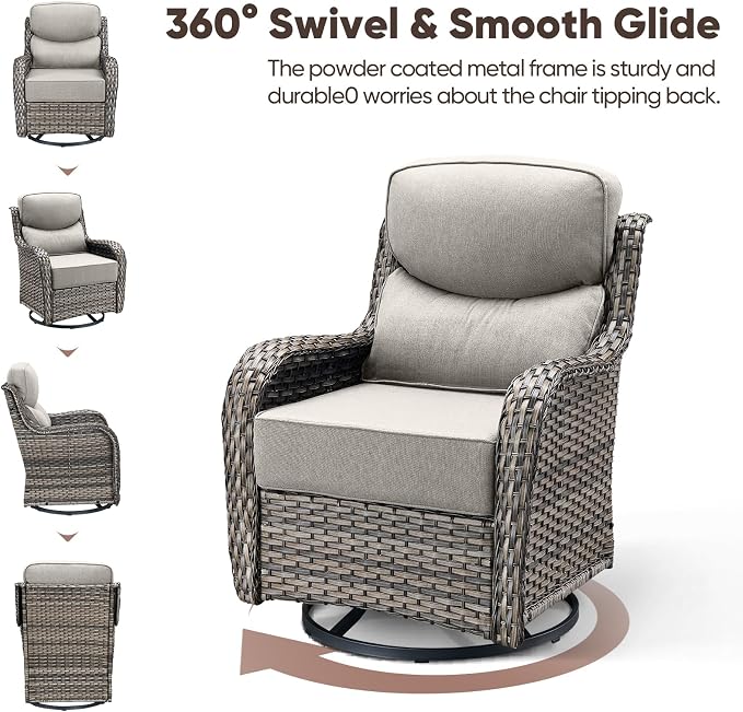 Swivel Patio Chairs Set of 2 with 6" Thick Cushion - Wicker Outdoor Swivel Rocker Patio Sets, High Back Comfortable Outdoor Glider Chairs 360° Rotation Glider Gray Wicker - Beige Cushion
