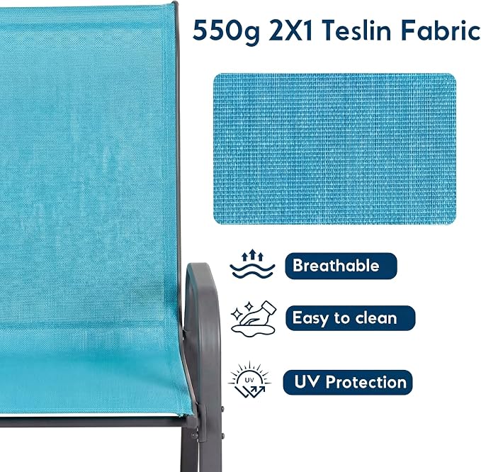 Arlopu 7-Piece Outdoor Table and Chairs for 6, Outdoor Dining Set W/Rectangle Glass Table and 6 Patio Textilene Stackable Chairs, Patio Furniture Set W/Umbrella Hole (Grey Table & Sky Blue)
