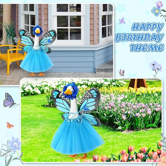 5pcs Butterfly Porch Goose Outfit Costume Tutu Skirt Butterfly Wing Wand Flower Crown for 17‘' 23‘' Cement Goose