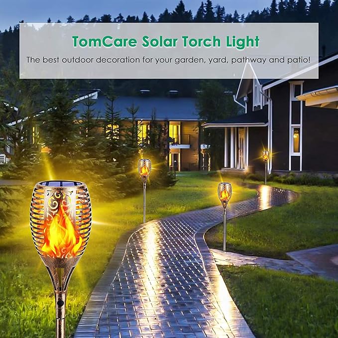 TomCare Flickering Flame Solar Torch Lights Outdoor, 43" Tall, 4 Pack | Realistic 99-LED Flame Effect, Charges in 6-8 Hours, 10-12-Hour Runtime, IP65 Waterproof, Auto On/Off for Yard, Patio, Garden