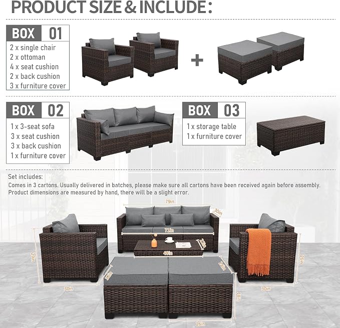 Oasishine Wicker Patio Furniture Set 6 Pieces Outdoor Furniture Chairs and Couch Storage Table Anti-Slip Cushions and Waterproof Covers, Dark Grey