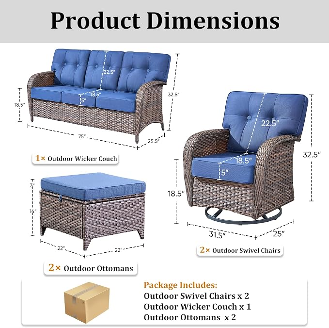 Patio Furniture Set, 5PCS Outdoor Wicker Conversation Set with 5" Thick Cushions, High Back Rattan Sofa & Swivel Rocker Chairs, Weather Resistant Olefin Fabric for Garden, Poolside Brown/Blue