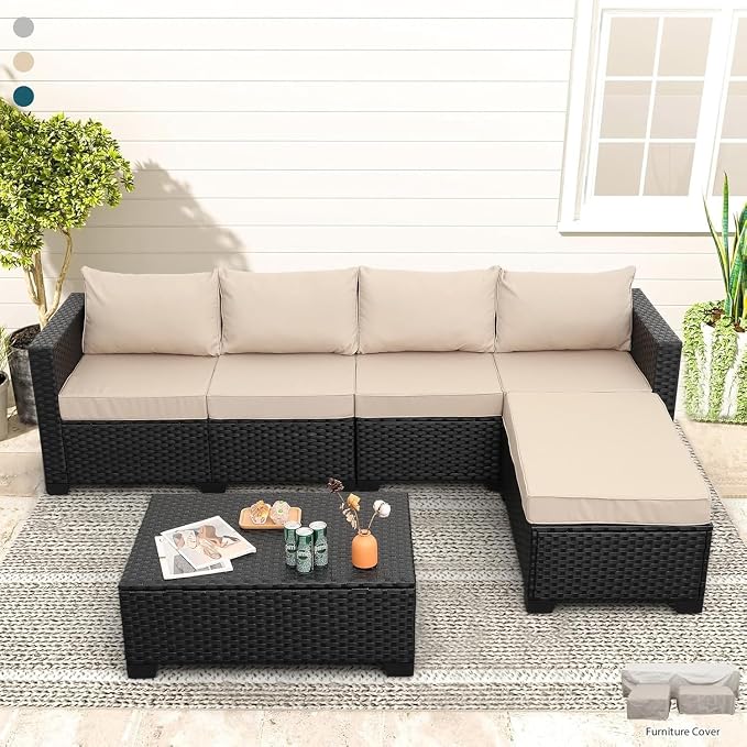 4-Piece Rattaner Outdoor Patio Furniture Set with Weatherproof Cushions with Anti-Slip and Waterproof Covers for Garden Deck Backyard(Beige)
