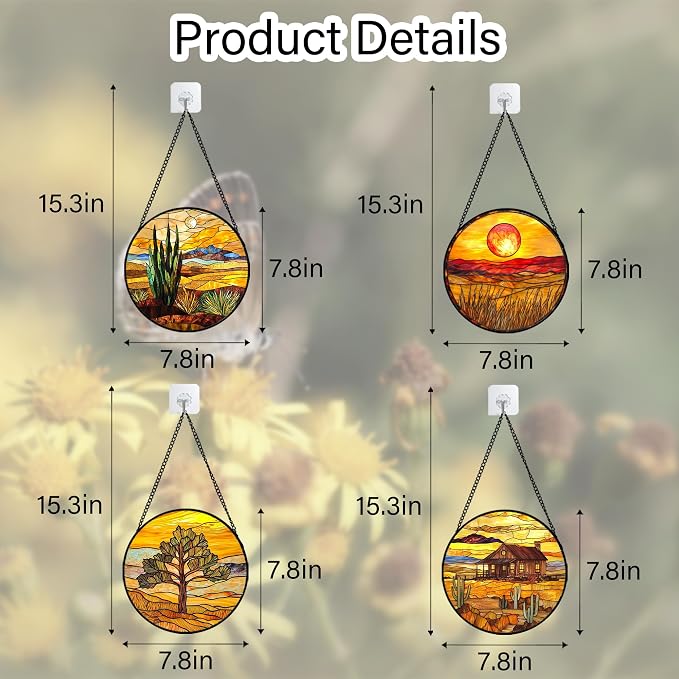 DASTOLL Stained Glass Window Hanging 4 Pcs Set Desert Sunset Theme Landscape 7.8" - Suncatcher Door Garden Sun Catcher Decor Birthday Christmas for Mom Woman Nana Men