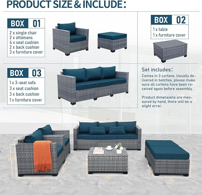 Lviden 6 Pieces Wicker Patio Furniture Sets Outdoor Conversation Set HDPE Rattan Sectional Sofa Couch with Storage Table and Non-Slip Cushions, Peacock Blue