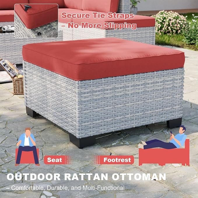 13-Piece Patio Furniture Set, Outdoor Patio Furniture with Swivel Chairs Set, Ottomans, 55,000 BTU Fire Pit Table, Modular Patio Sofa, Dual-Strand Wicker Rattan, Rust-Resistant Frame, Red