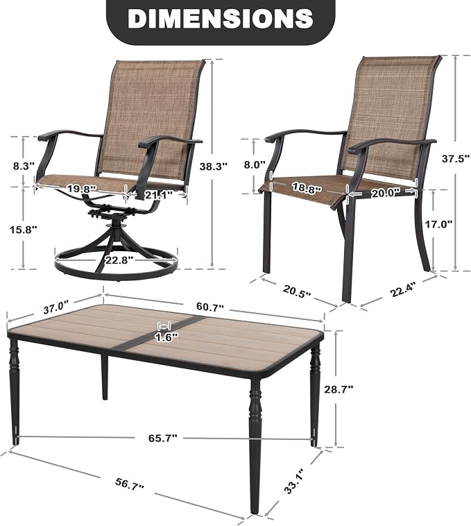 NUU GARDEN 7-Piece All-Weather Outdoor Dining Set with Umbrella Hole, Wood-Grain Table & 6 Patio Textilene Swivel Chairs Patio Outdoor Furniture for Porch, Backyard, Garden, Poolside and Deck