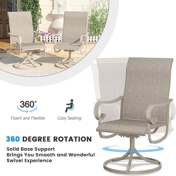 DIFY 5 Pieces Patio Dining Set, 40.2" Grey Wood-Like Square Dining Table with Umbrella Hole and 4 Sandshell Swivel Patio Chairs, All Weather Metal Outdoor Dining Furniture Set for Lawn Garden Balcony