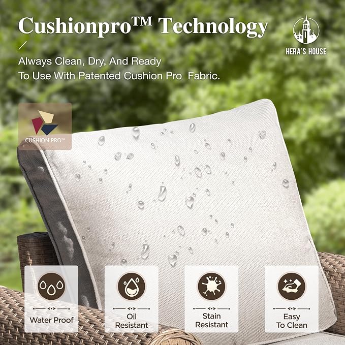 HERA'S HOUSE 5 Pieces Patio Furniture Set, All Weather 7 Seats Outdoor Wicker Sofa with Ottoman, 5.5" Thick Waterproof Cushion Conversation Set for Garden Deck Backyard, Beige