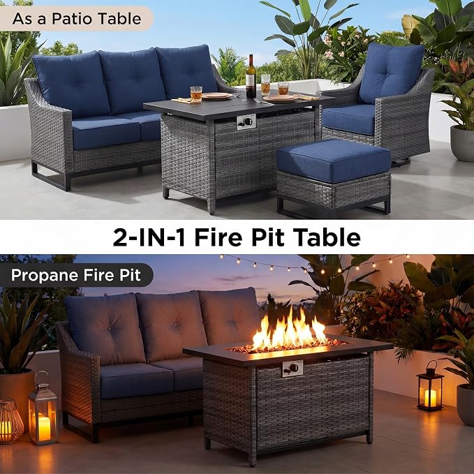 Luxury Outdoor Patio Furniture Set with 6-Inch Thick Cushions, High Back Wicker Swivel Rocker Chairs, 7 Pcs All Weather Conversation Set for Deck,Yard and Poolside