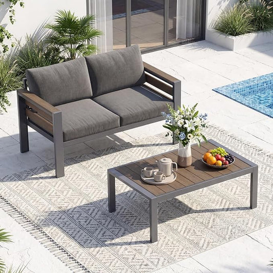 SUNYRISY Aluminum Outdoor Patio Furniture Set with Coffee Table, 2 Piece Metal Outdoor Conversation Sets with Thick Olefin Cushions, Sofa Couch Set for Porch, Deck, Backyard, Lawn, Pool