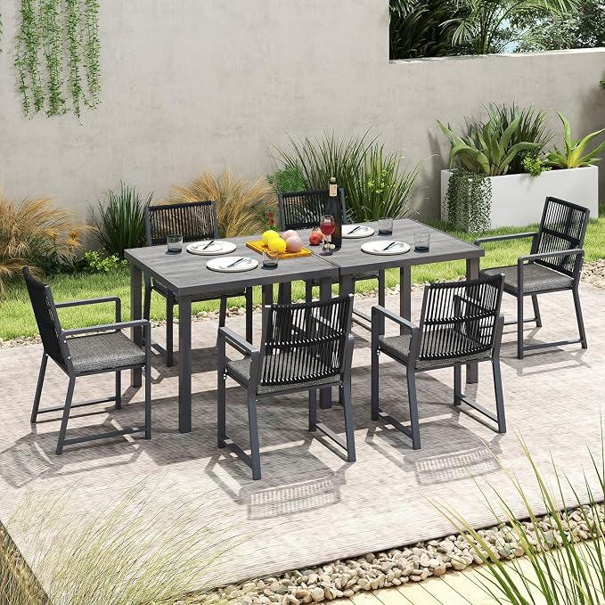 8 Pieces Metal Outdoor Dinning Set Featuring 2 Tables and 6 Ratten Chairs Waterproof and Rust-Proof Courtyard Style Table Garden Balcony Poolside, Dark Gray 8 Pcs