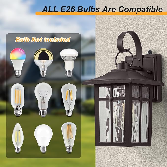 2 Pack Dusk to Dawn Outdoor Wall Lights, Bronze Porch Lanterns | Aluminum Garage Light, Ripple Glass, Weather Resistant, For Garage Patio Entryway