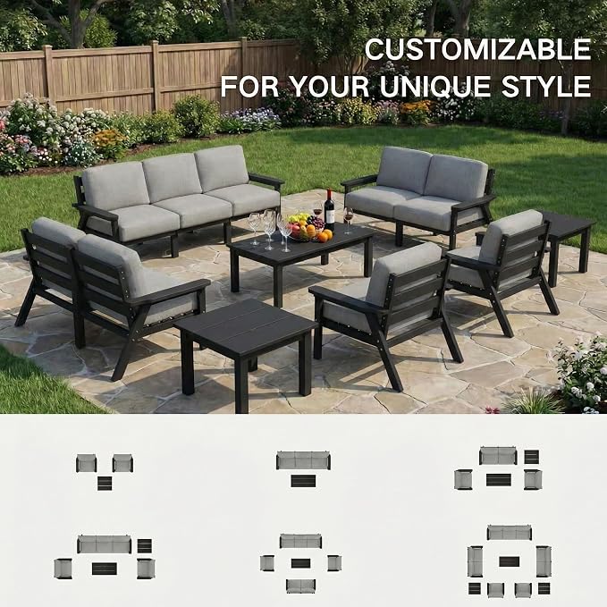 Kingdura HDPE Patio Furniture Set, 3 Piece Outdoor Sectional Sofa with Coffee Table, All Weather Outdoor Couch Conversation Set with Washable Cushions for Backyard Poolside Balcony