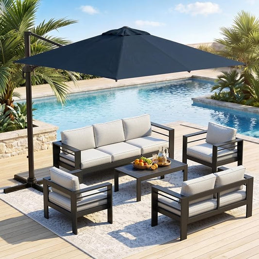 Wisteria Lane 6 Pieces Aluminum Patio Furniture Set with Umbrella, All Weather Oversized Outdoor Furniture Set with Deep Seat and Back Cushion, Patio Conversation Sets Wide armrest, Light Gray & Navy