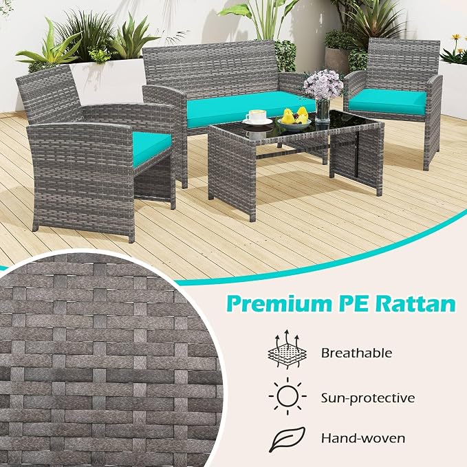 RELAX4LIFE 8-Piece Patio Furniture Set - Wicker Rattan Outdoor Sectional Sofa Set w/Glass Coffee Table, Loveseat, Chairs & Soft Cushions, Bistro Conversation for Garden Porch (2, Grey-Turquoise)